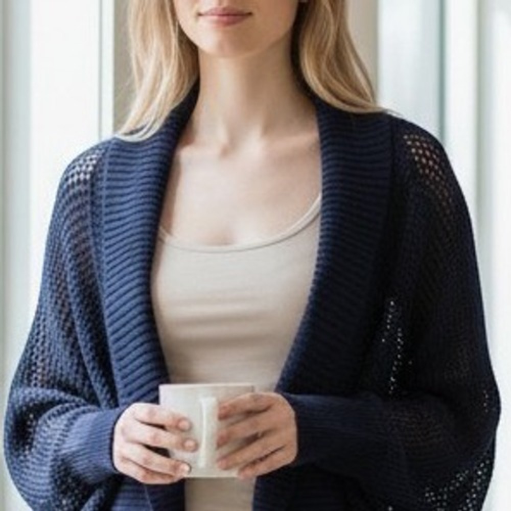 Athleta Cardigan Womens Large Navy Blue Open Knit Mesh Cotton Shrug Boho 427782